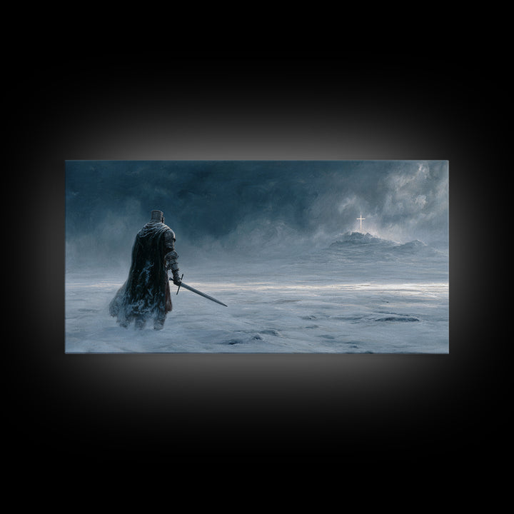 Dark Knight Crossing Icy Wasteland Wall Art, Fantasy Landscape Canvas Print, Gothic Home Decor, Moody Office Decor Gift For Him