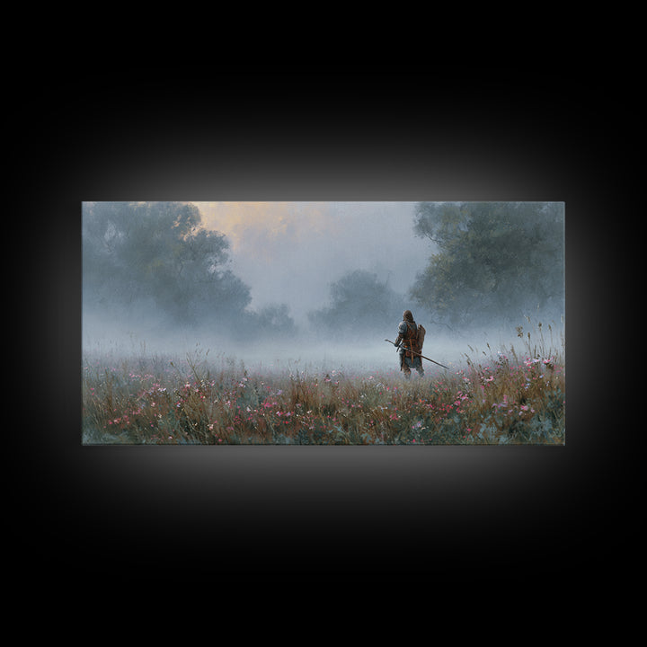 Misty Warrior In Wildflower Meadow Wall Art, Fantasy Landscape Canvas, Moody Nature Print, Large Living Room Decor Gift For Her