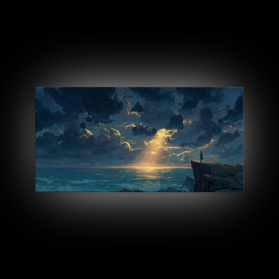 Lone Figure On Ocean Cliff Canvas Print, Dramatic Seascape Landscape Art, Coastal Wall Decor For Peaceful Living Room Home