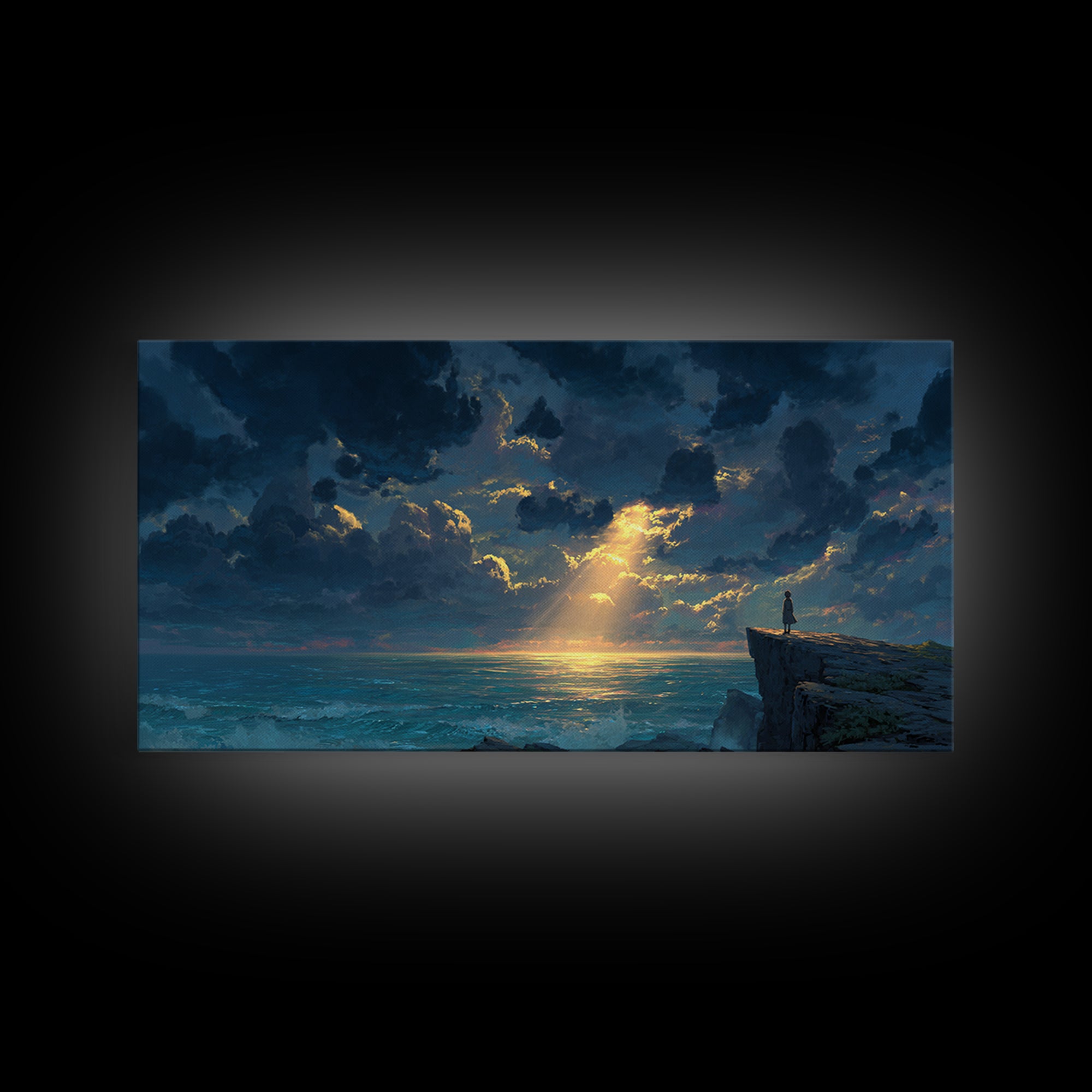 Lone Figure On Ocean Cliff Canvas Print, Dramatic Seascape Landscape Art, Coastal Wall Decor For Peaceful Living Room Home