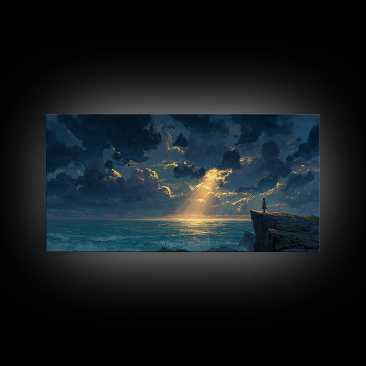 Lone Figure On Ocean Cliff Canvas Print, Dramatic Seascape Landscape Art, Coastal Wall Decor For Peaceful Living Room Home