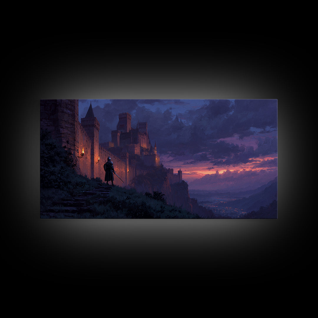 Twilight Castle Knight Fantasy Wall Art, Medieval Landscape Canvas, Gothic Home Decor, Fantasy Art Print, Gift For Him, Office Decor