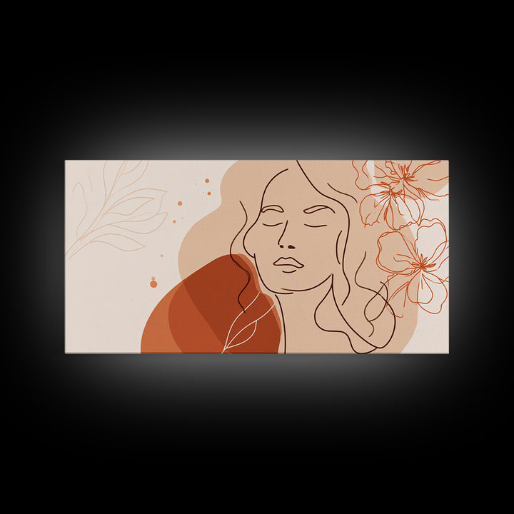 Terracotta Woman Line Art Canvas Print, Floral Feminine Wall Art, Boho Bedroom Decor, Abstract Portrait Gift For Her, Modern Home Decor