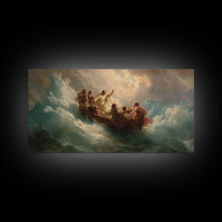 Jesus Calming The Storm At Sea Wall Art, Christian Boat Painting, Biblical Ocean Canvas, Religious Home Decor Gift, Church Decor