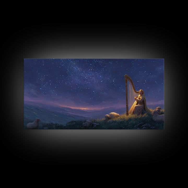 Shepherd Playing Harp Under Stars Wall Art, Biblical Canvas Print, Peaceful Night Landscape Decor For Bedroom And Nursery