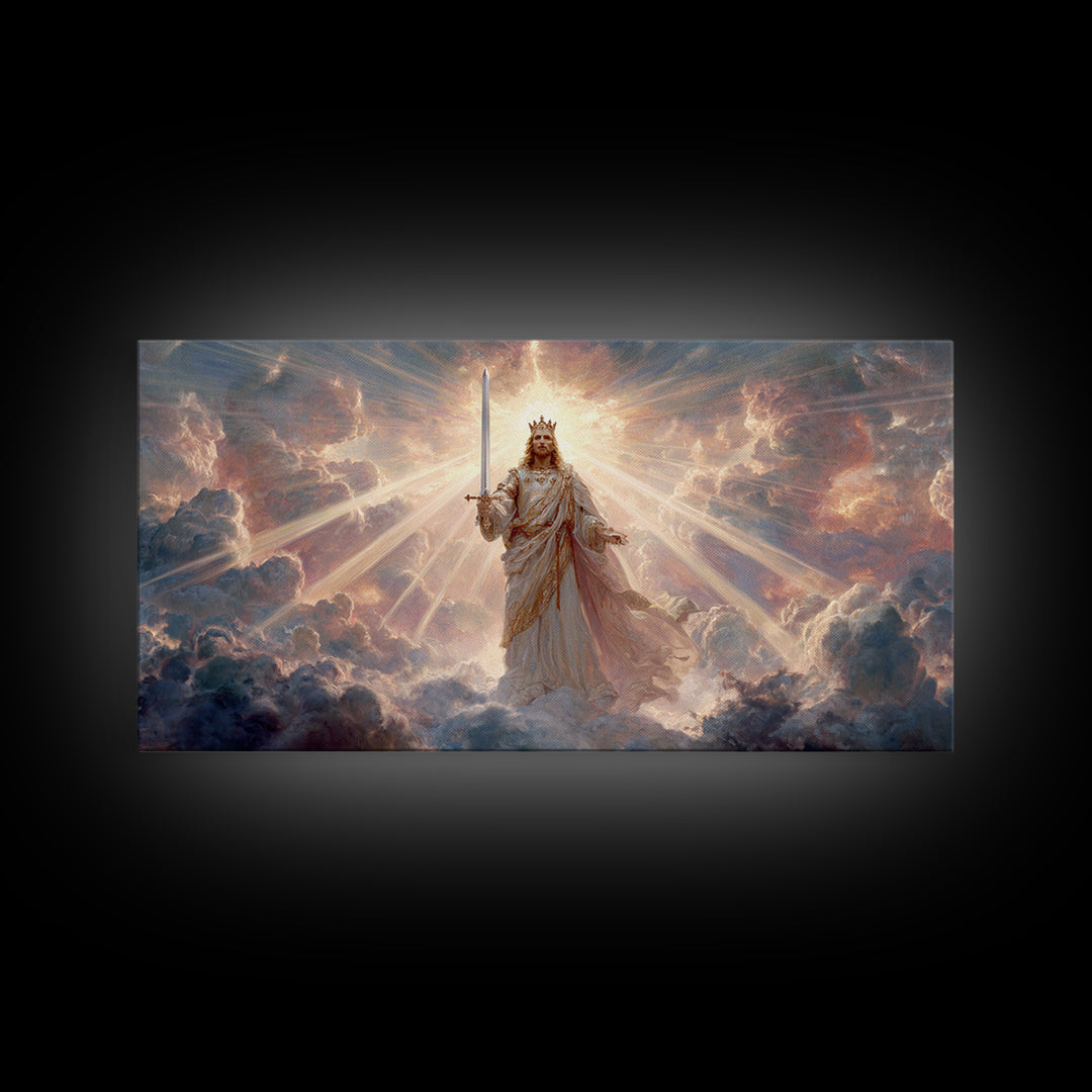 Radiant Heavenly King Canvas Print, Christian Wall Art, Divine Sword And Clouds, Spiritual Fine Art For Prayer Room Decor