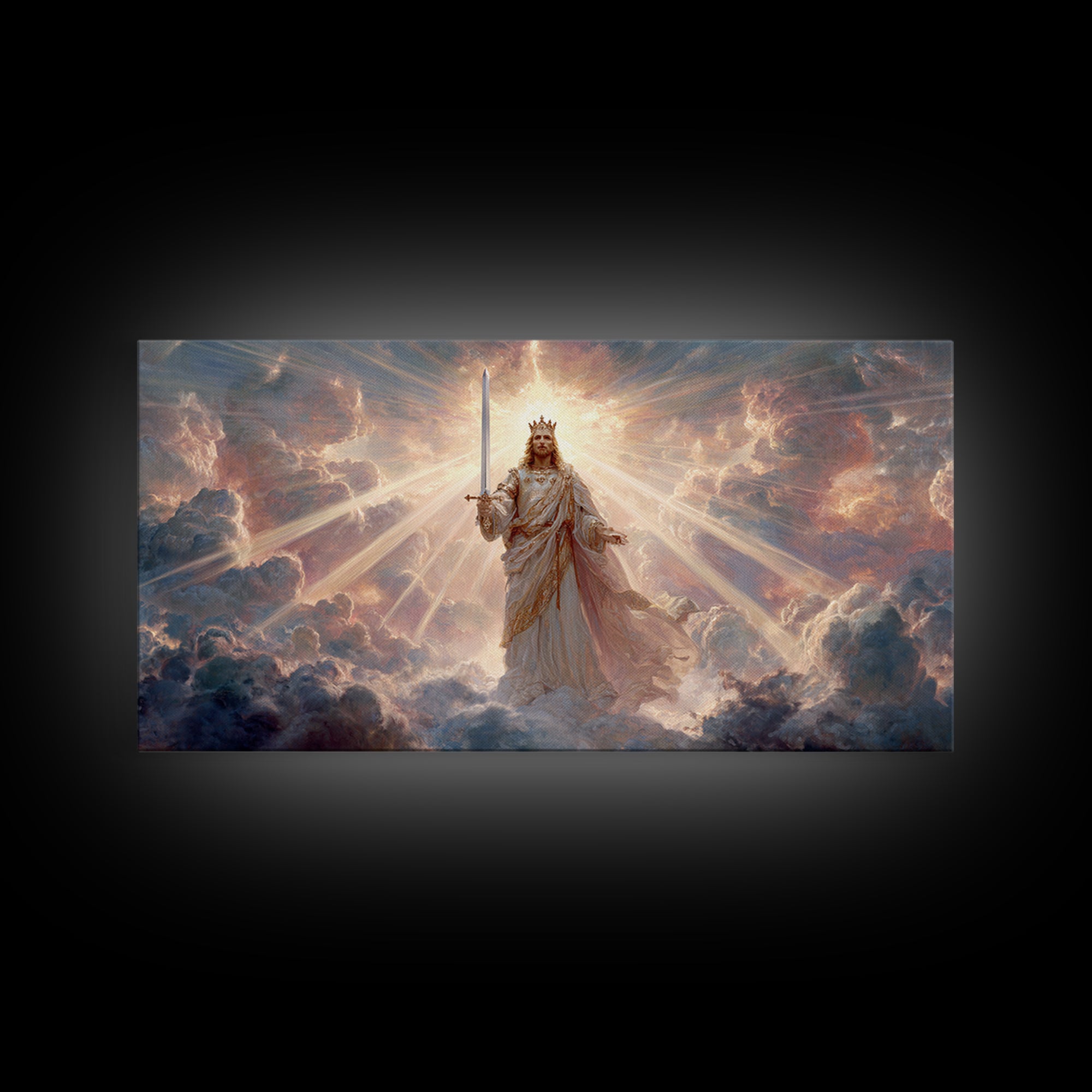 Radiant Heavenly King Canvas Print, Christian Wall Art, Divine Sword And Clouds, Spiritual Fine Art For Prayer Room Decor
