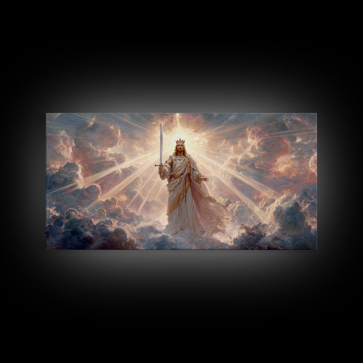 Radiant Heavenly King Canvas Print, Christian Wall Art, Divine Sword And Clouds, Spiritual Fine Art For Prayer Room Decor