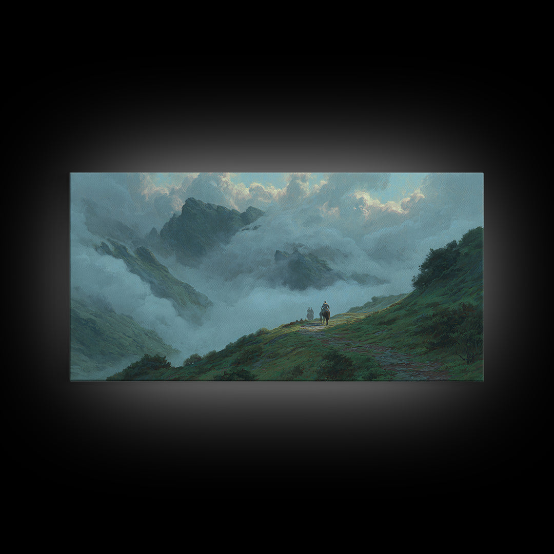 Misty Mountain Path Landscape Wall Art, Moody Nature Canvas Print, Alpine Hiking Decor, Large Living Room Wall Decor Gift