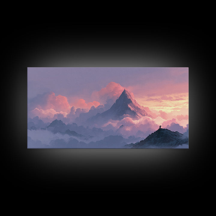 Pink Cloud Mountain Summit Canvas Print, Fantasy Landscape Wall Art, Nature Wall Decor, Adventure Art, Calming Bedroom Decor