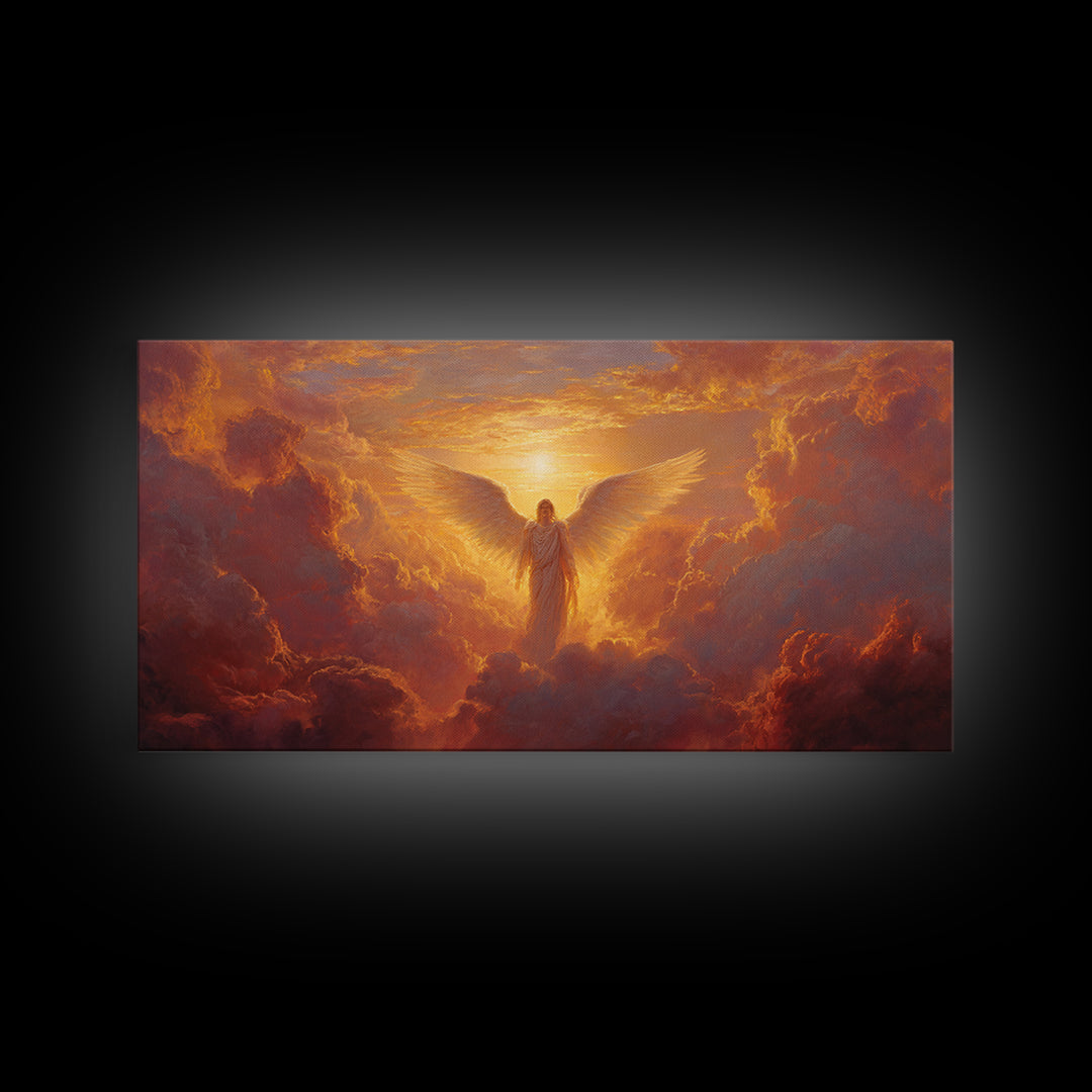 Radiant Angel In Golden Clouds Wall Art, Spiritual Christian Canvas, Celestial Painting, Inspirational Home Decor Gift For Her