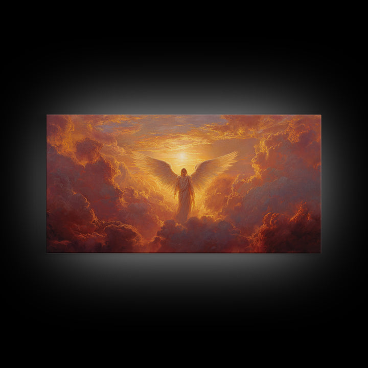 Radiant Angel In Golden Clouds Wall Art, Spiritual Christian Canvas, Celestial Painting, Inspirational Home Decor Gift For Her