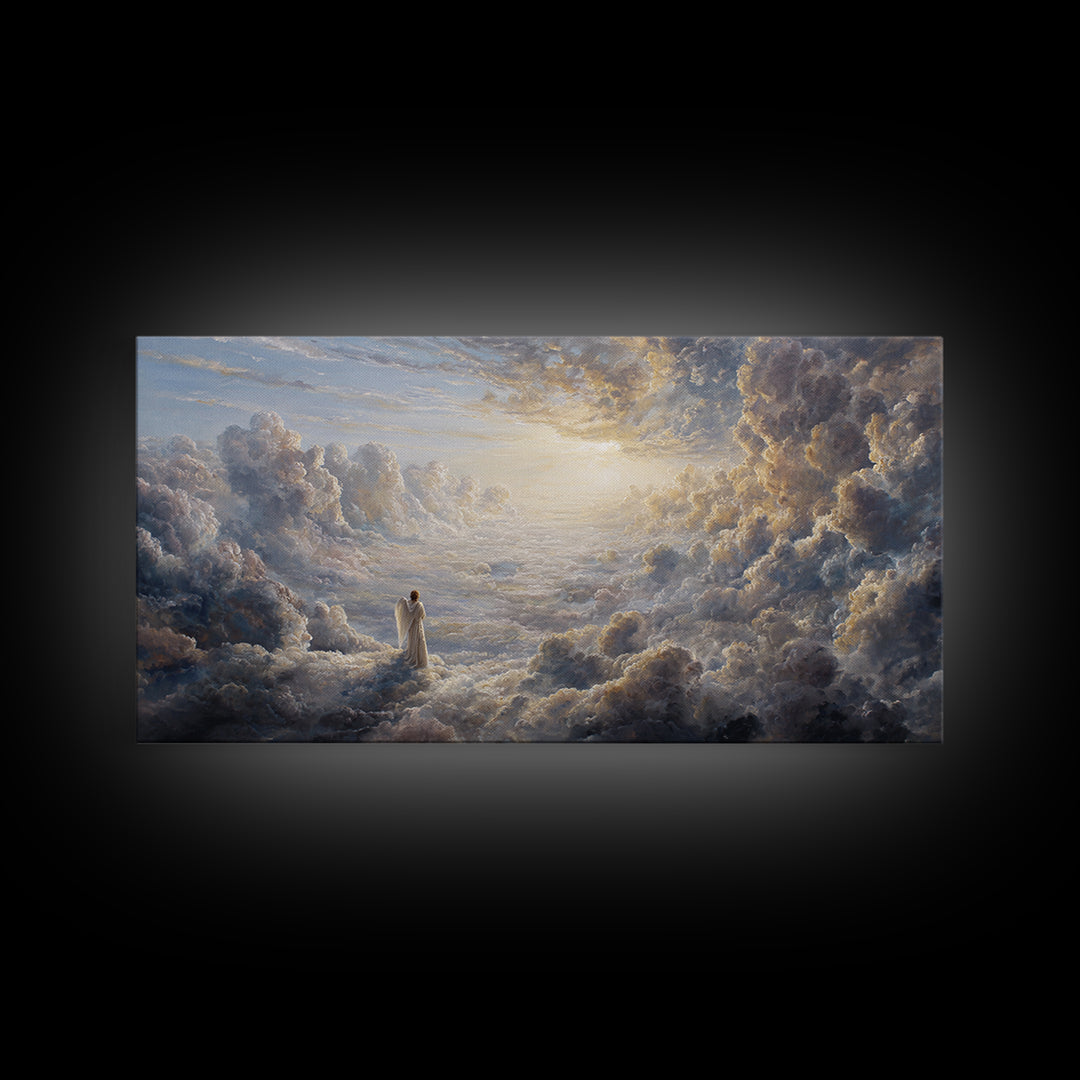 Radiant Angel In Heavenly Clouds Canvas Print, Christian Wall Art, Spiritual Home Decor, Peaceful Large Landscape Art Gift