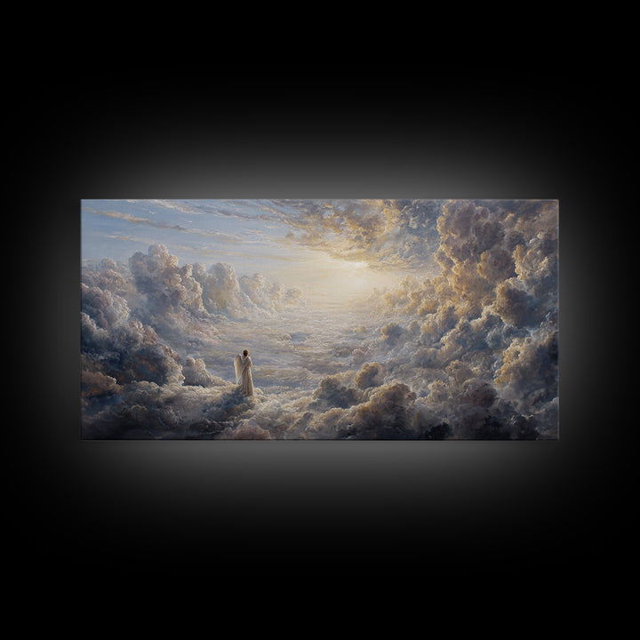 Radiant Angel In Heavenly Clouds Canvas Print, Christian Wall Art, Spiritual Home Decor, Peaceful Large Landscape Art Gift