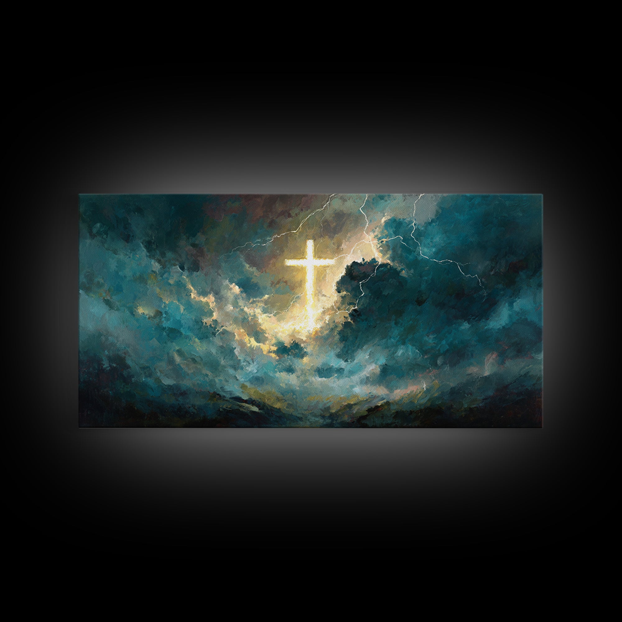 Glowing Cross In Storm Clouds Wall Art, Christian Canvas Print, Spiritual Decor, Modern Religious Living Room Wall Decor