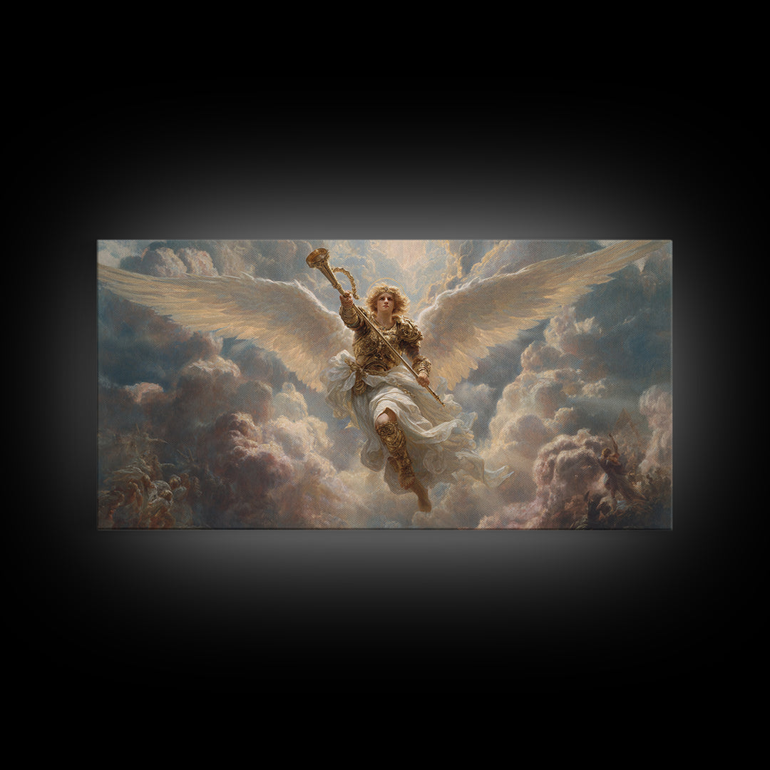 Archangel Trumpet In Stormy Clouds Canvas Print, Christian Wall Art, Religious Fine Art Print For Prayer Room Decor Gift