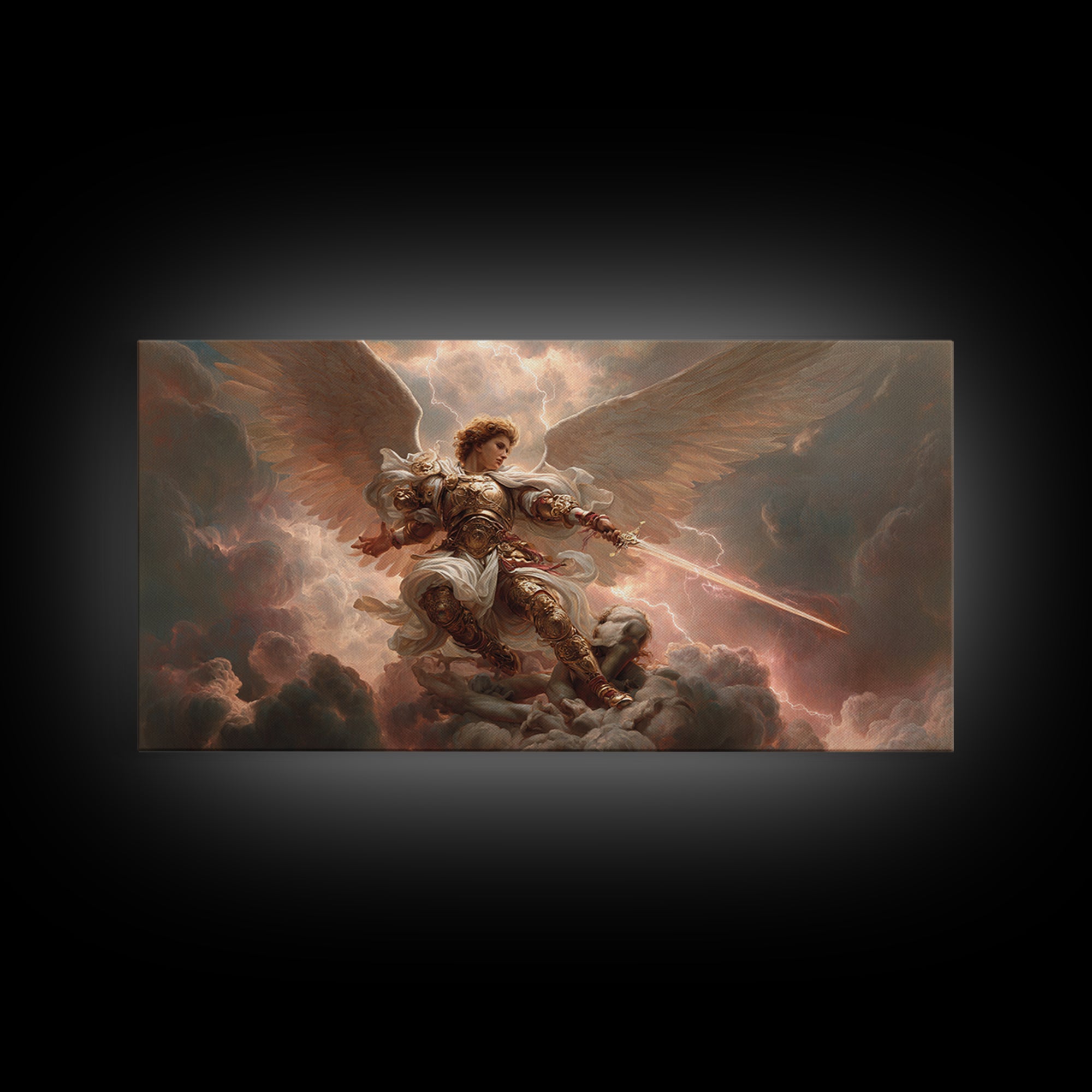 Archangel Warrior In Golden Clouds Wall Art, Christian Canvas Print, Angel Sword Fantasy Art, Spiritual Home Decor Gift For Him