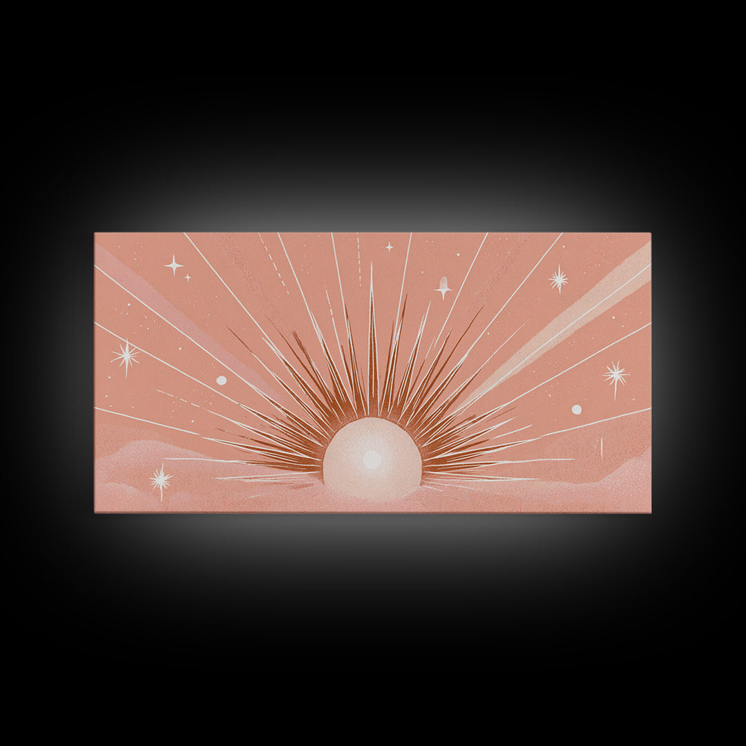 Radiant Peach Sunrise Wall Art, Celestial Sun Rays And Stars, Boho Canvas Print, Dreamy Nursery Decor, Calming Above Bed Art