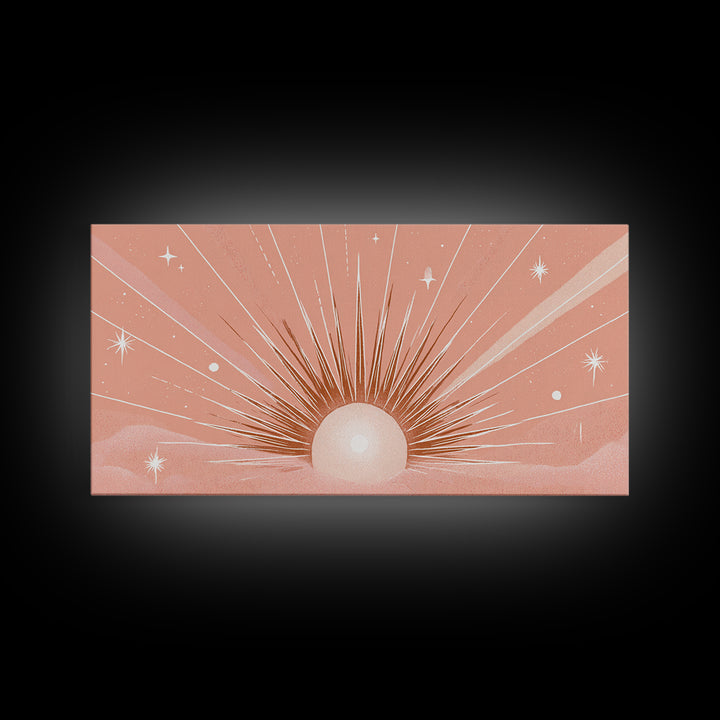 Radiant Peach Sunrise Wall Art, Celestial Sun Rays And Stars, Boho Canvas Print, Dreamy Nursery Decor, Calming Above Bed Art