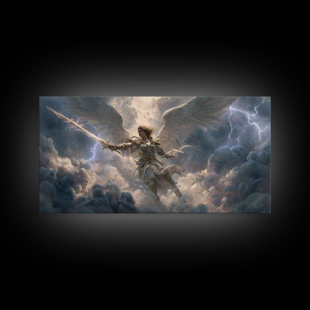 Warrior Angel With Sword Framed Canvas Print, Fantasy Wall Art, Christian Artwork, Storm Clouds, Gift For Him Or Her, Fine Art Print