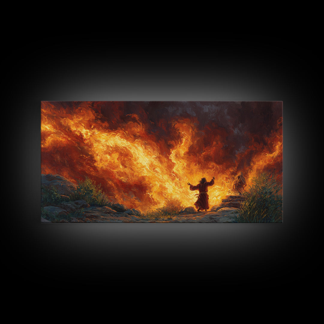 Prophet Before Roaring Flames Canvas Print, Biblical Fire Wall Art, Dramatic Spiritual Prayer Room Decor, Christian Gift For Him