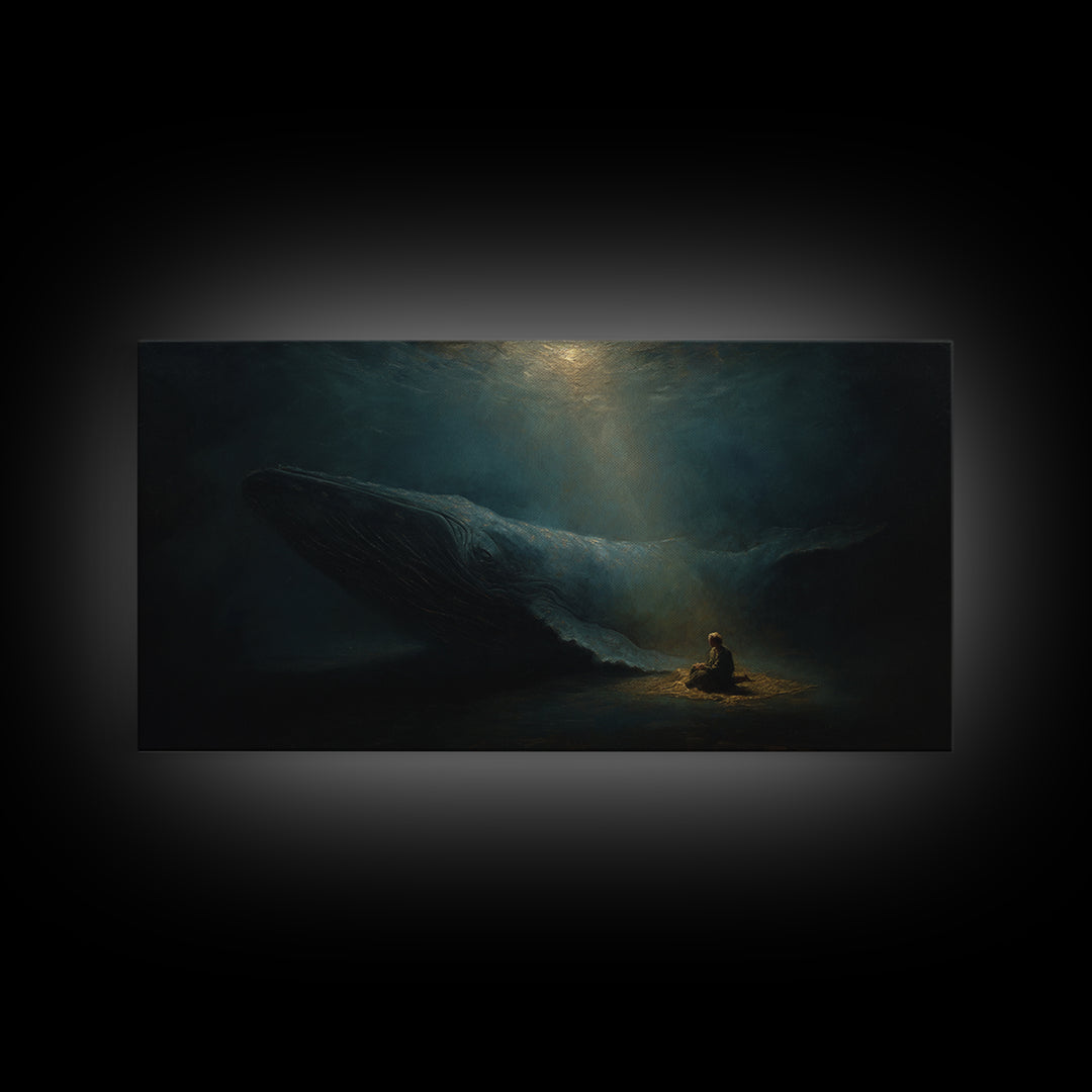 Mystic Whale And Tiny Kayaker Wall Art, Surreal Ocean Canvas Print, Moody Sea Life Decor For Bedroom Or Office Wall Decor