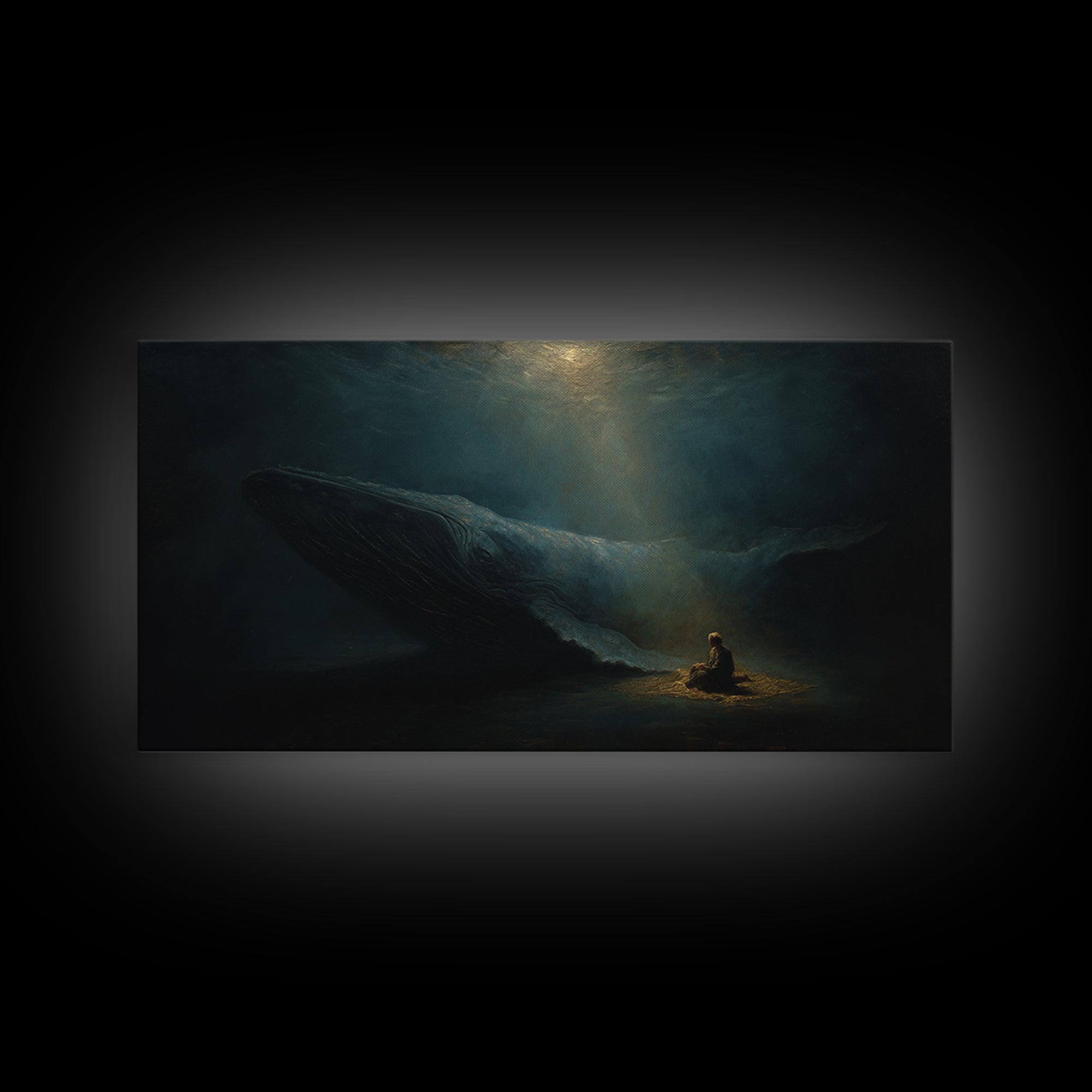 Mystic Whale And Tiny Kayaker Wall Art, Surreal Ocean Canvas Print, Moody Sea Life Decor For Bedroom Or Office Wall Decor