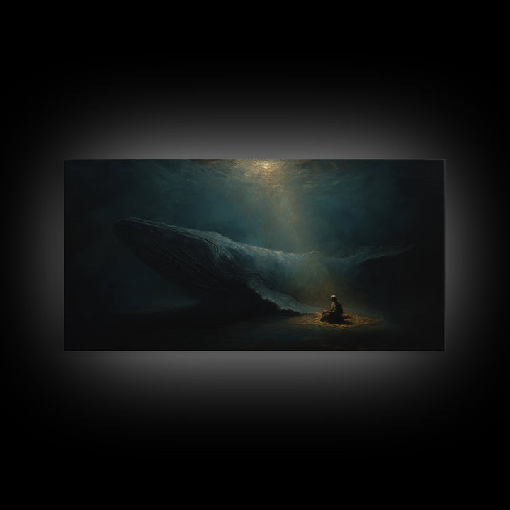 Mystic Whale And Tiny Kayaker Wall Art, Surreal Ocean Canvas Print, Moody Sea Life Decor For Bedroom Or Office Wall Decor