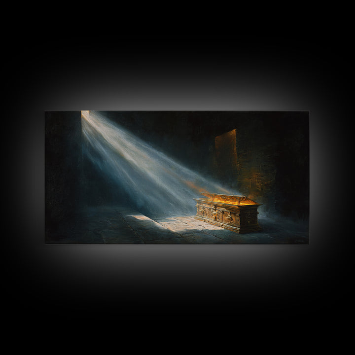 Golden Ark In Sacred Shadow Framed Canvas Print, Biblical Wall Art, Dark Academia Decor, Spiritual Housewarming Gift For Her