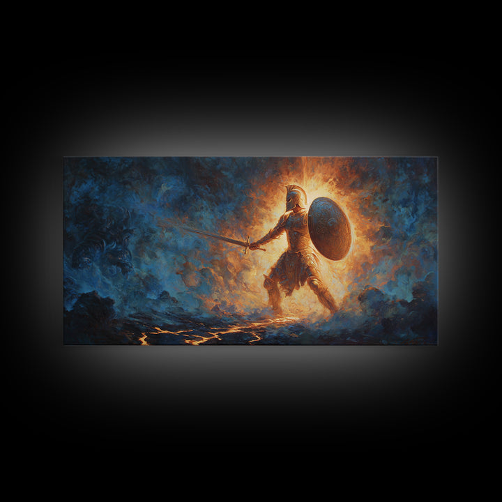 Ancient Shield Maiden In Fiery Blue Mist Canvas Print, Fantasy Warrior Wall Art, Mythological Decor, Gift For Him Or Her