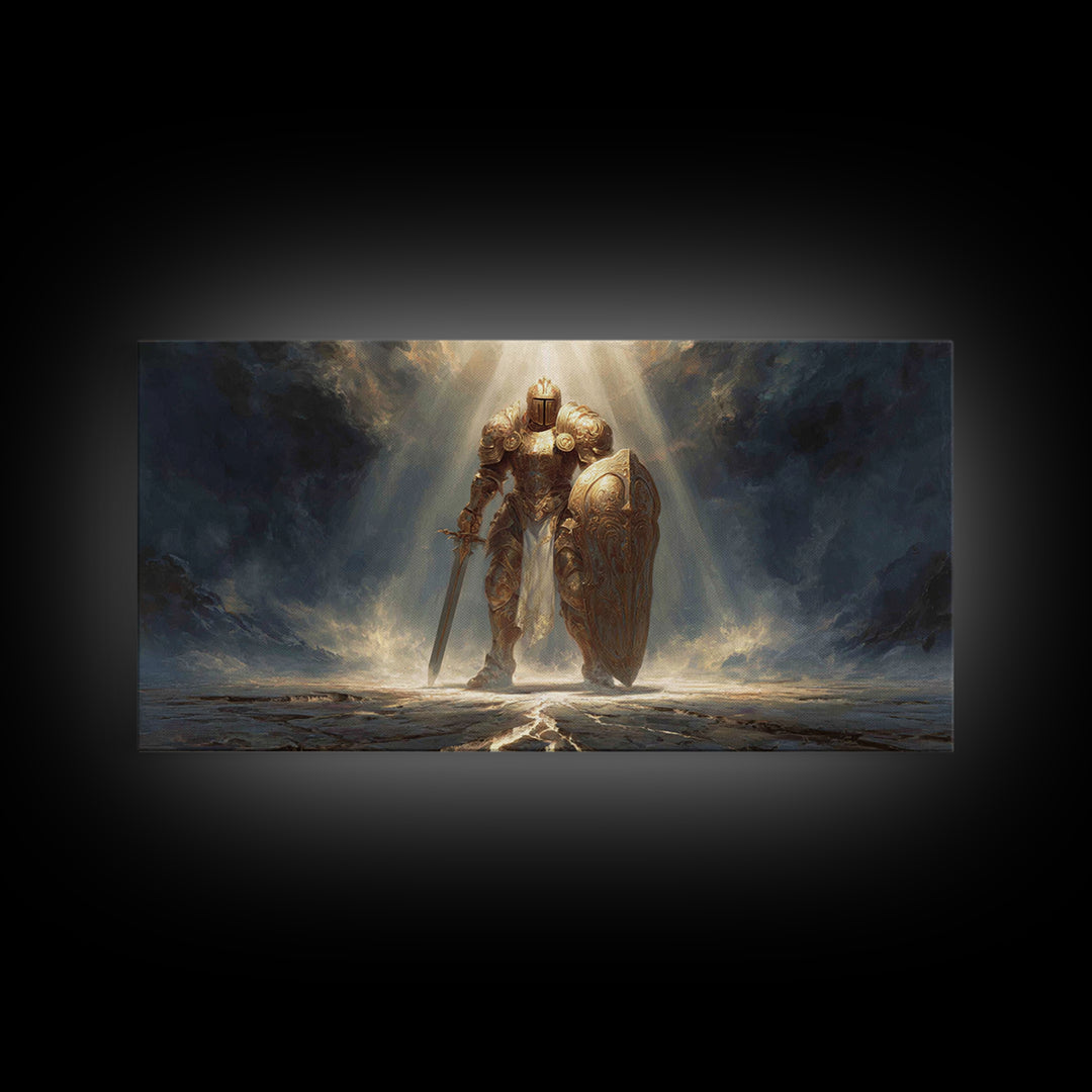 Golden Knight In Storm Light Framed Canvas Print, Epic Fantasy Warrior Large Wall Decor, Medieval Armor Art, Gift For Him