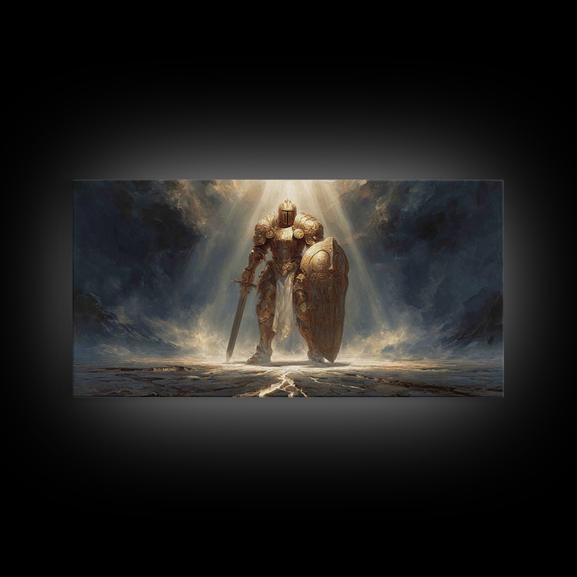 Golden Knight In Storm Light Framed Canvas Print, Epic Fantasy Warrior Large Wall Decor, Medieval Armor Art, Gift For Him