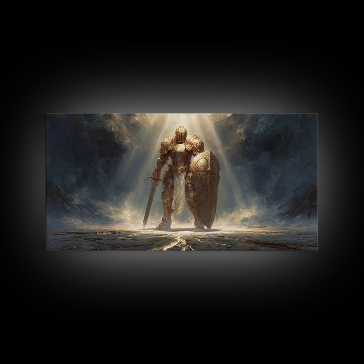 Golden Knight In Storm Light Framed Canvas Print, Epic Fantasy Warrior Large Wall Decor, Medieval Armor Art, Gift For Him
