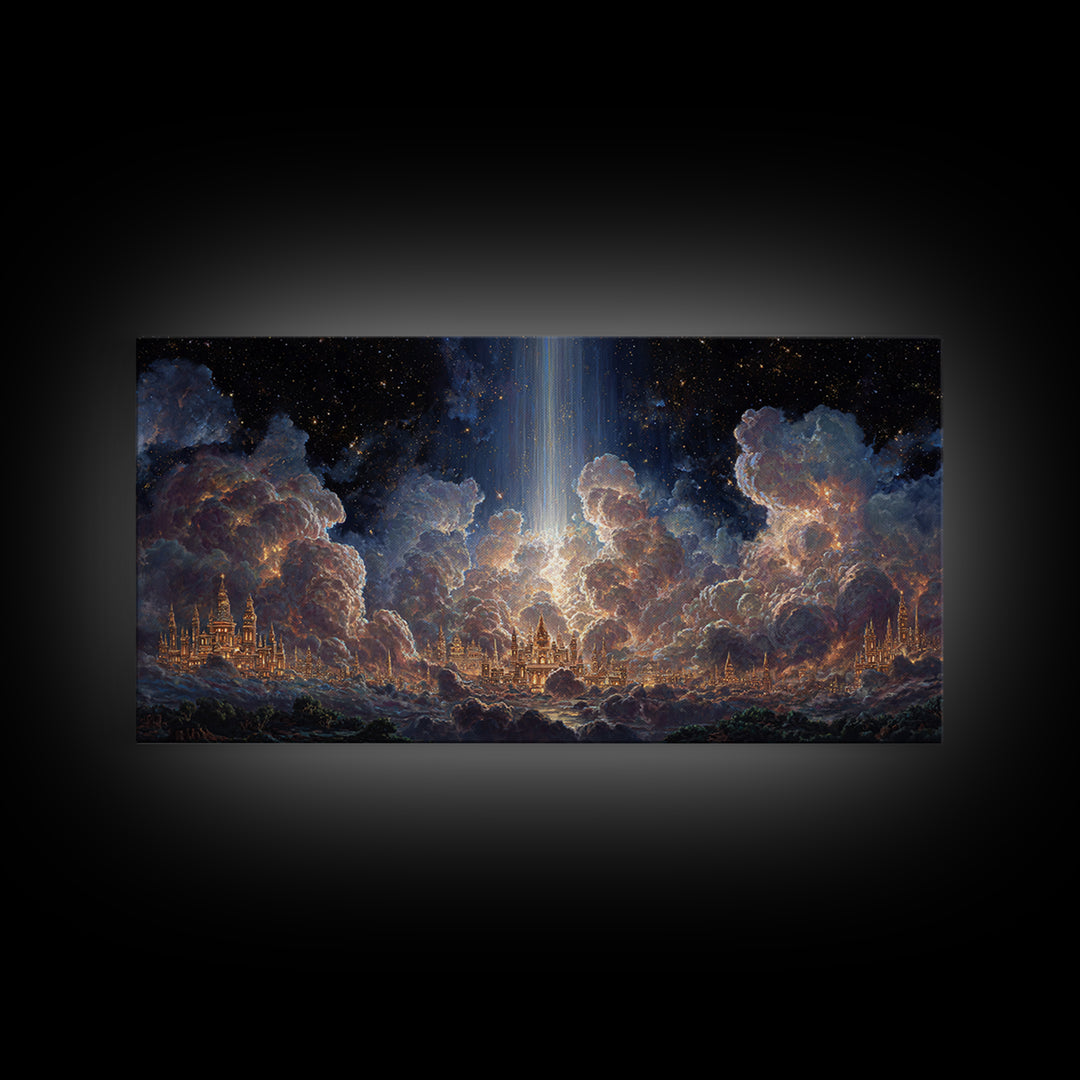 Heavenly Cloud City With Star Beam Canvas Print, Celestial Fantasy Art, Large Wall Decor, Spiritual Home Decor Gift For Her