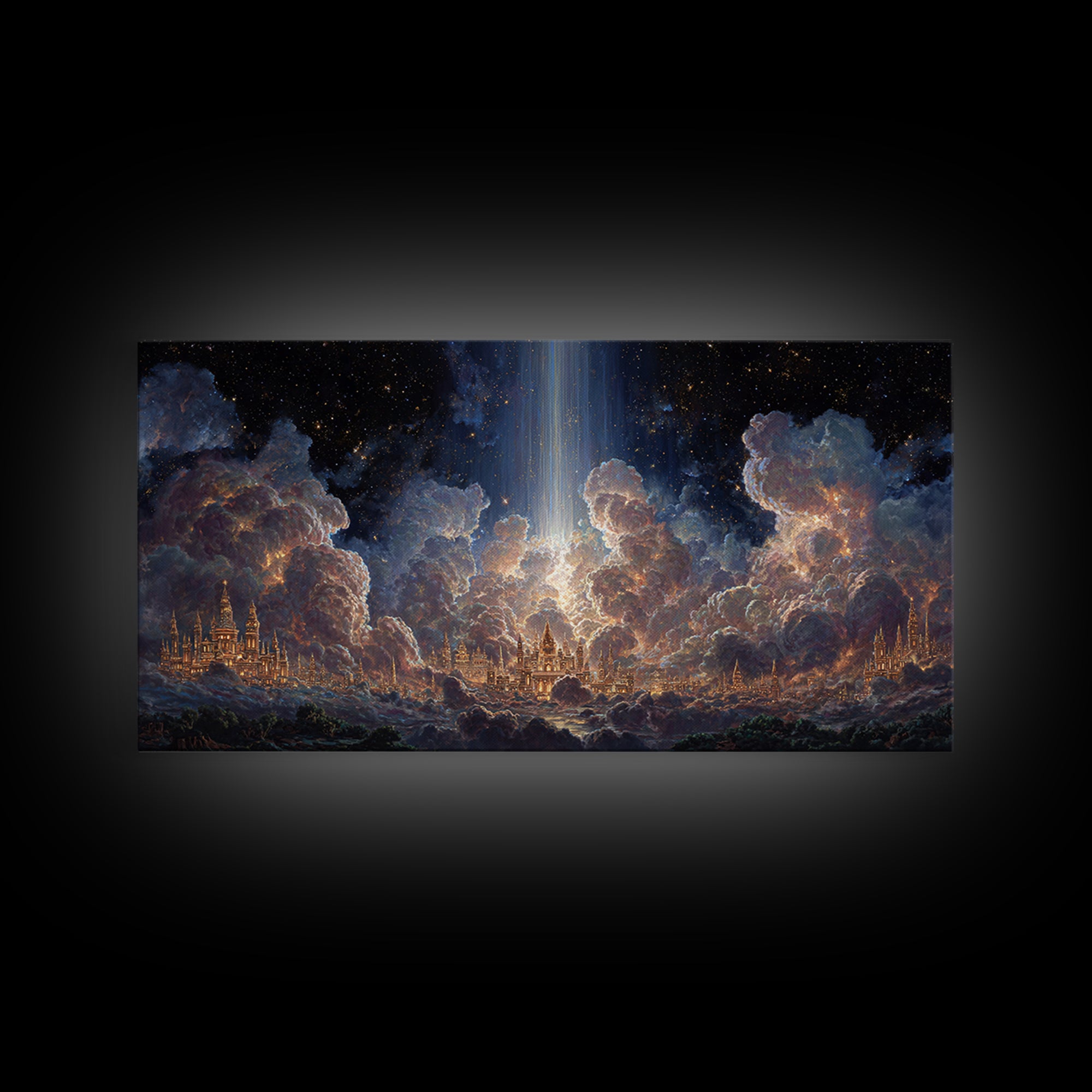 Heavenly Cloud City With Star Beam Canvas Print, Celestial Fantasy Art, Large Wall Decor, Spiritual Home Decor Gift For Her