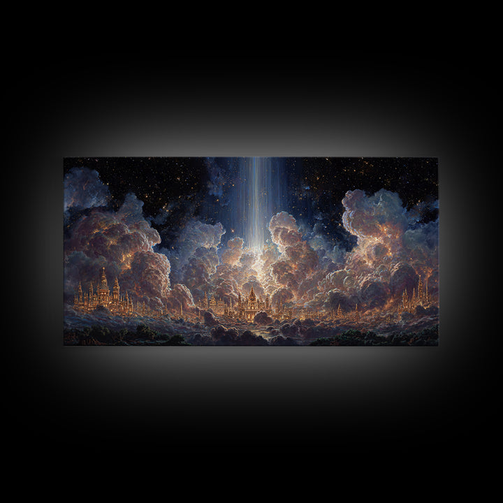 Heavenly Cloud City With Star Beam Canvas Print, Celestial Fantasy Art, Large Wall Decor, Spiritual Home Decor Gift For Her