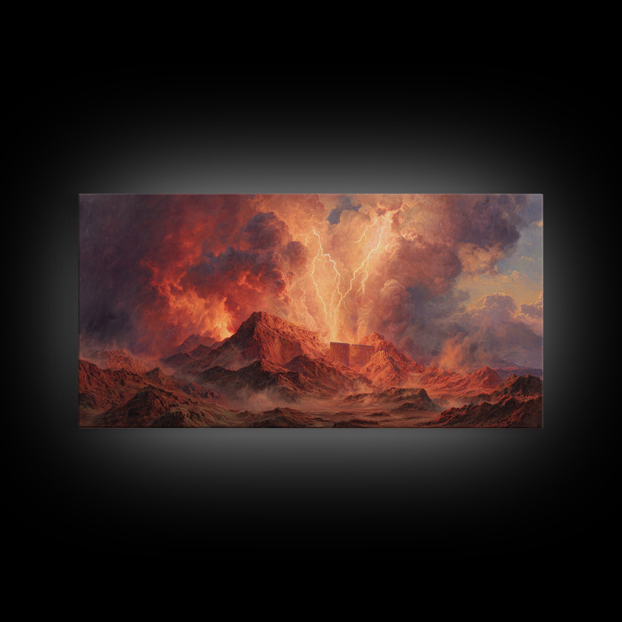 Fiery Mountain Storm With Lightning Over Red Peaks Framed Canvas Print, Dramatic Landscape Wall Art, Large Modern Art, Office Decor