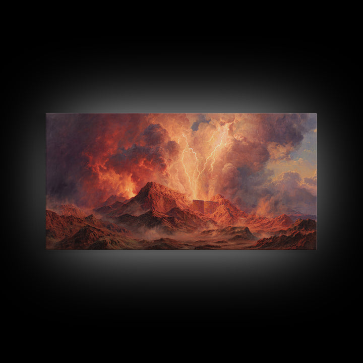 Fiery Mountain Storm With Lightning Over Red Peaks Framed Canvas Print, Dramatic Landscape Wall Art, Large Modern Art, Office Decor