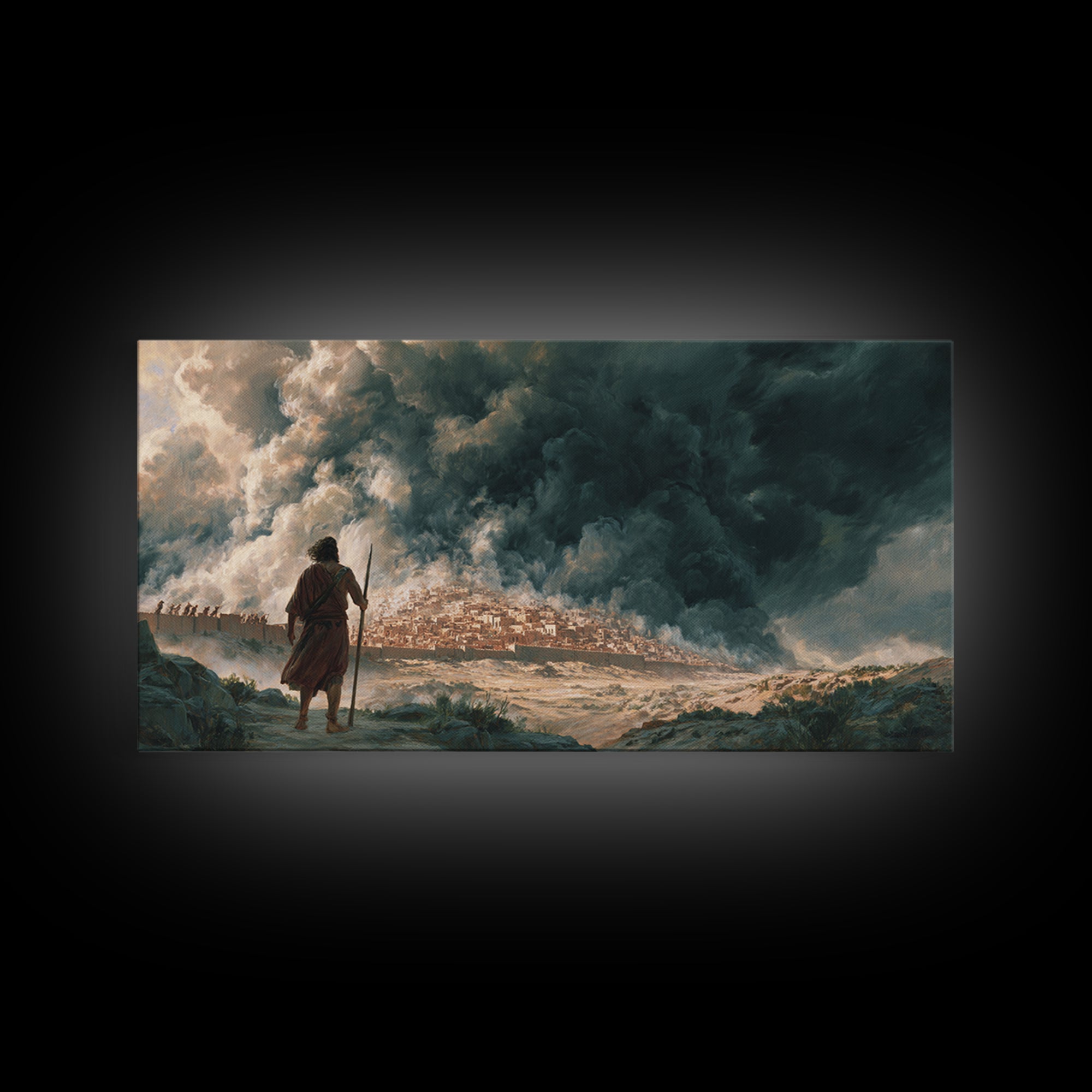 Dramatic Prophet Before Stormy City Wall Art, Biblical Landscape Canvas Print, Dark Fantasy Art, Religious Home Decor, Fine Art Print