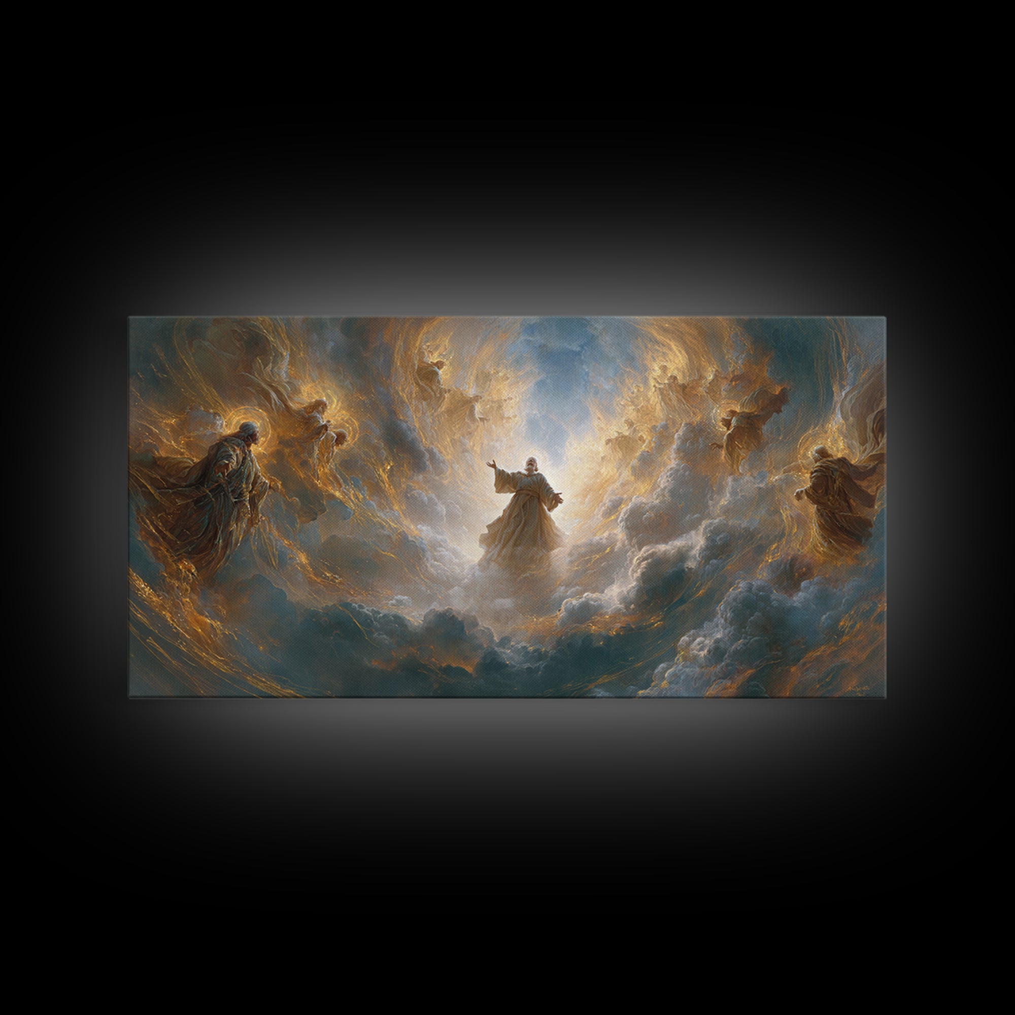 Angels And Divine Figure In Luminous Clouds Framed Canvas Print, Spiritual Wall Art, Religious Decor, Christian Gift Idea
