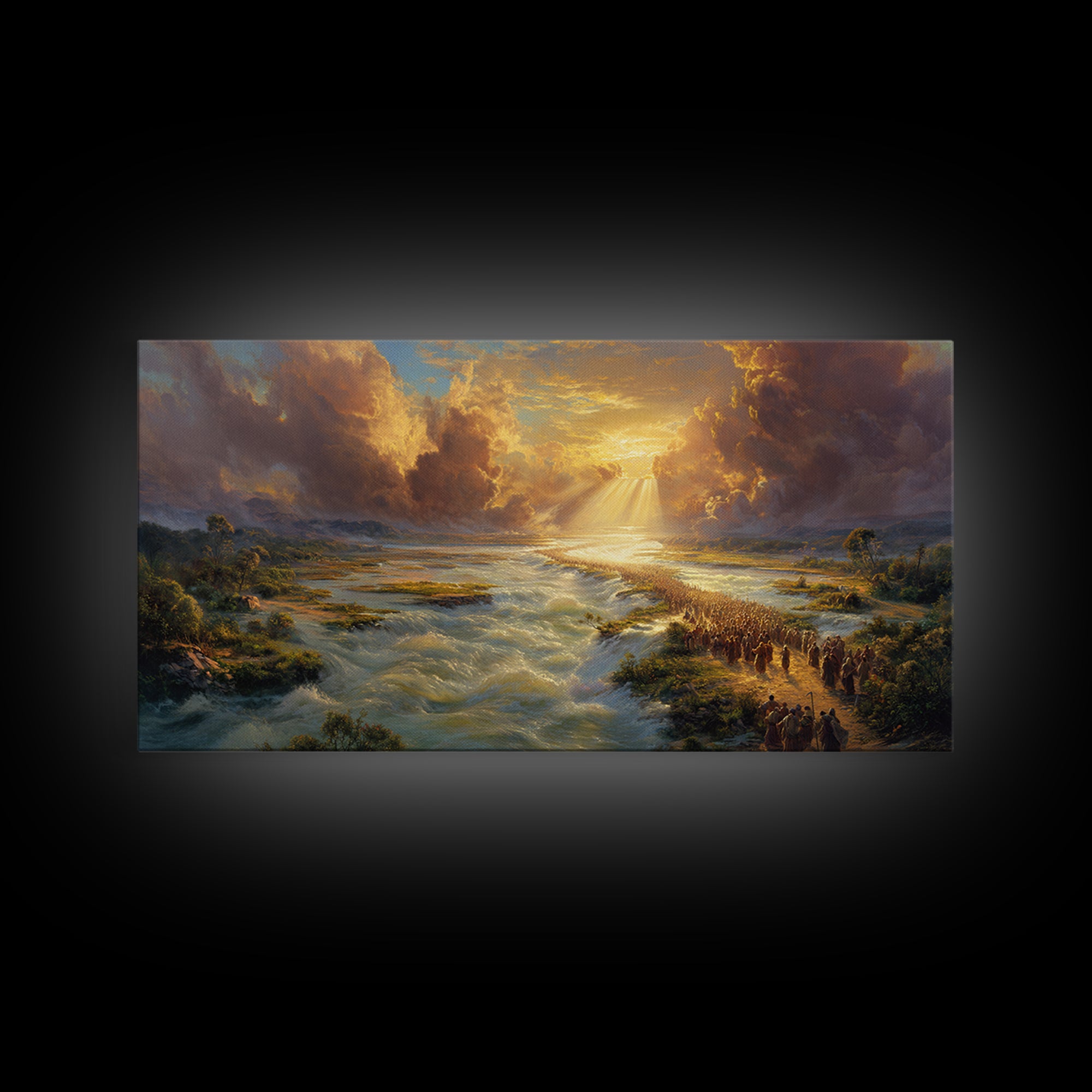 Exodus River Crossing Canvas Print, Golden Biblical Landscape Painting, Christian Wall Decor, Housewarming Gift For Living Room