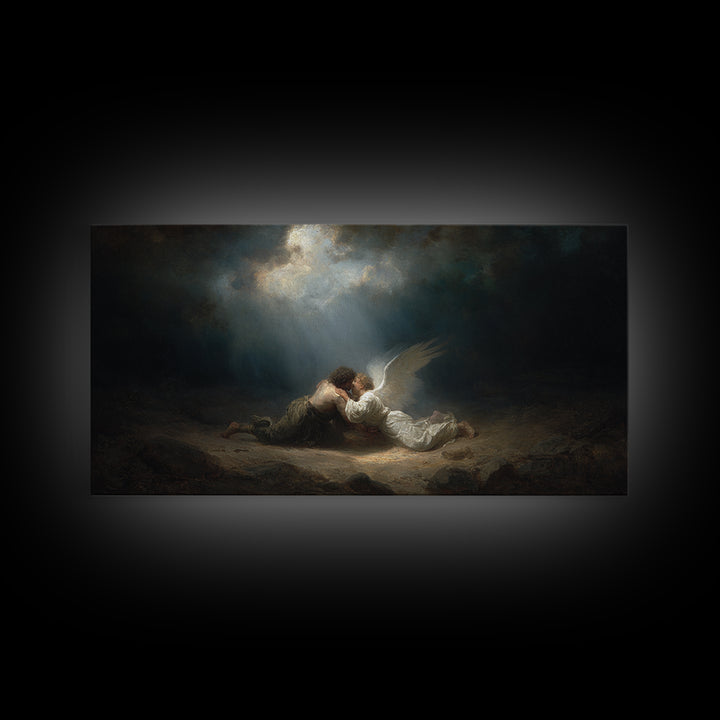 Angel Embracing Fallen Man Wall Art, Dark Baroque Canvas Print, Religious Fine Art, Spiritual Gothic Home Decor Gift For Her