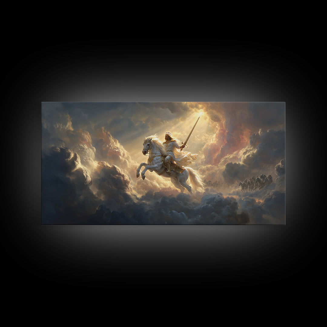 Heavenly Knight On White Horse Framed Canvas Print, Cloud Warrior Fantasy Art, Christian Wall Art, Epic Gift For Him, Living Room Decor