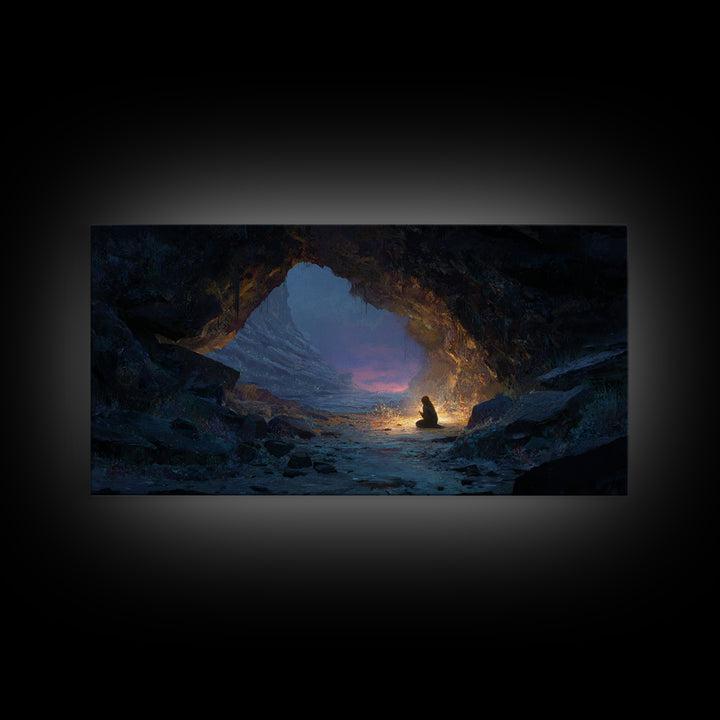 Meditating Figure In Mountain Cave Framed Canvas Print, Mystical Landscape Wall Decor, Zen Fantasy Art For Home And Office Decor