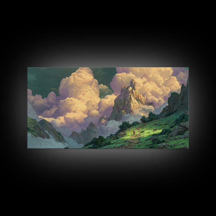 Sunlit Fantasy Mountain Kingdom Wall Art, Whimsical Cloud Landscape Canvas Print, Dreamy Nature Decor For Nursery And Bedroom