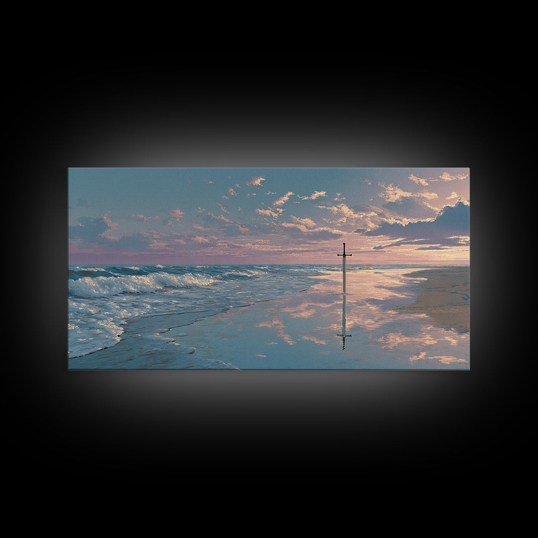 Ocean Sunrise Cross On Wet Sand Framed Canvas Print, Christian Wall Art, Coastal Beach Decor, Peaceful Seascape Art Gift