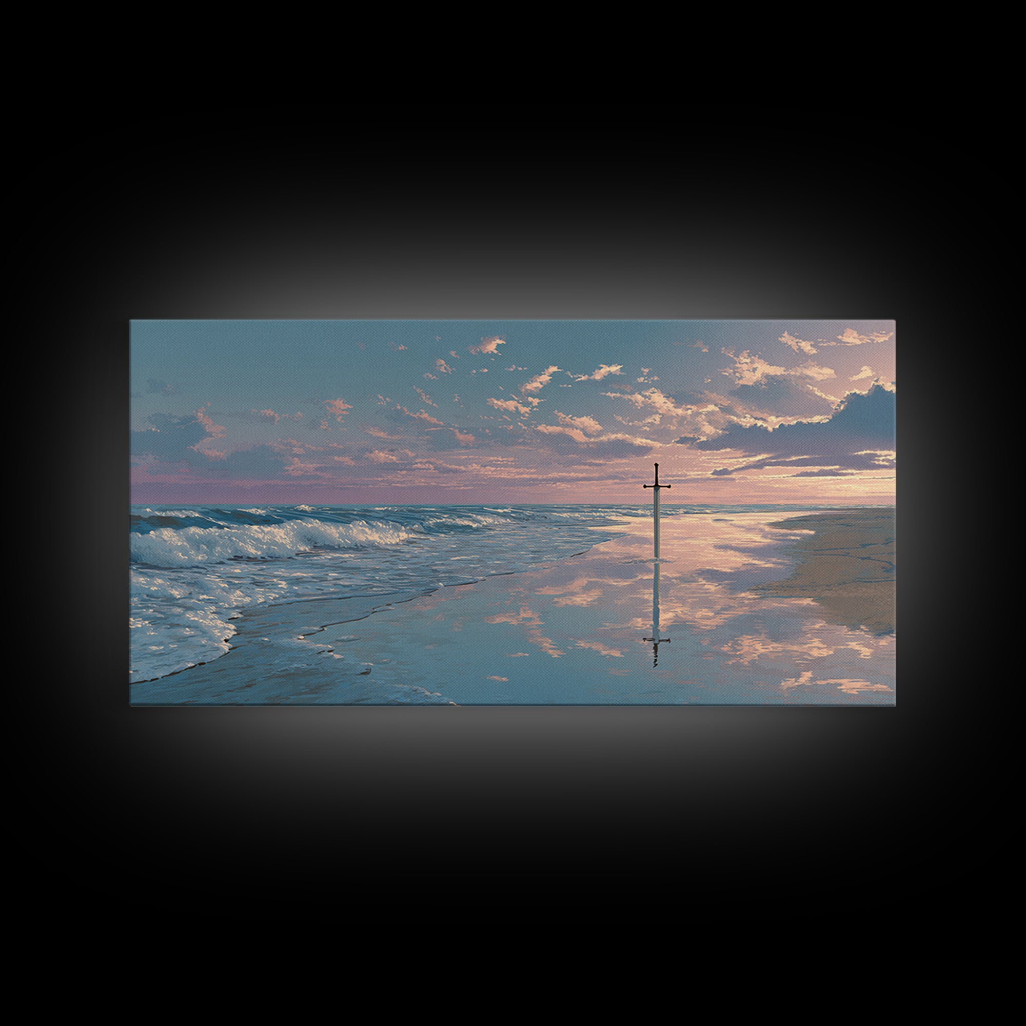 Ocean Sunrise Cross On Wet Sand Framed Canvas Print, Christian Wall Art, Coastal Beach Decor, Peaceful Seascape Art Gift