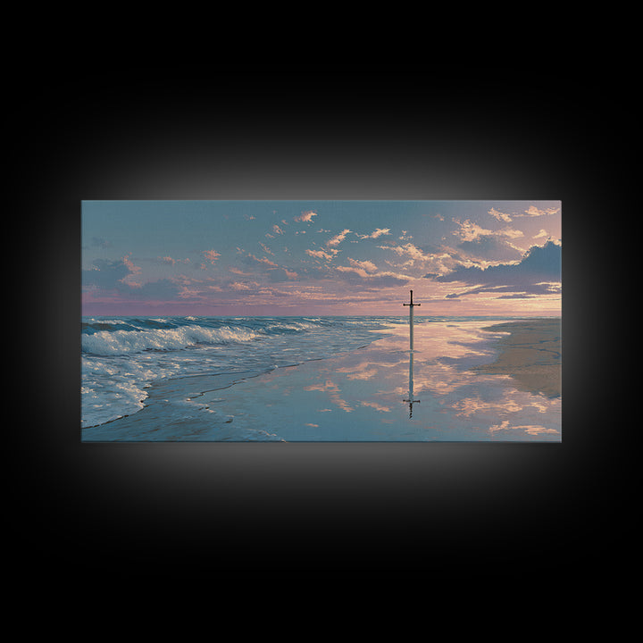 Ocean Sunrise Cross On Wet Sand Framed Canvas Print, Christian Wall Art, Coastal Beach Decor, Peaceful Seascape Art Gift