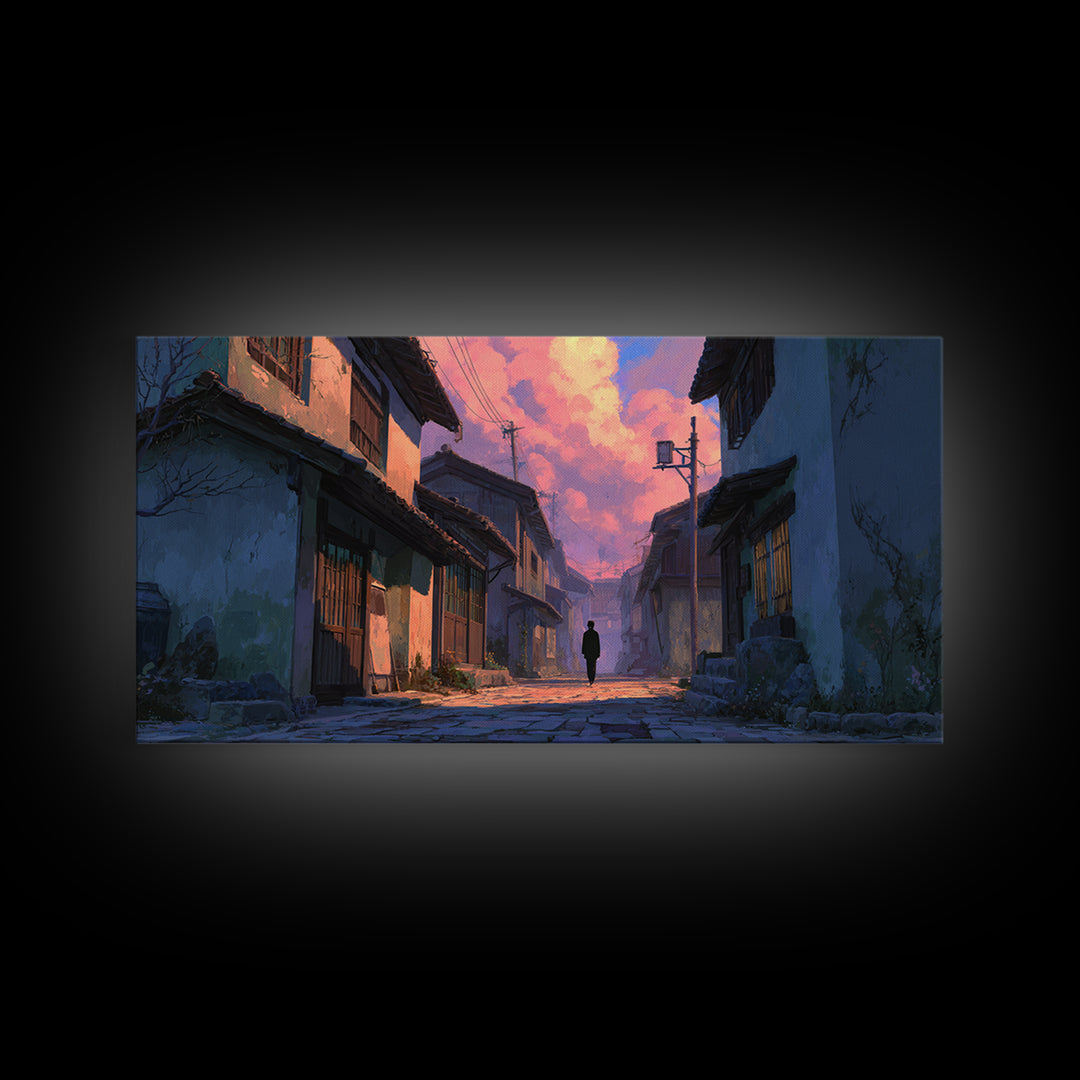 Japanese Twilight Alley Wall Art, Anime Inspired Canvas Print, Moody Urban Landscape, Japandi Decor For Home Office And Gift