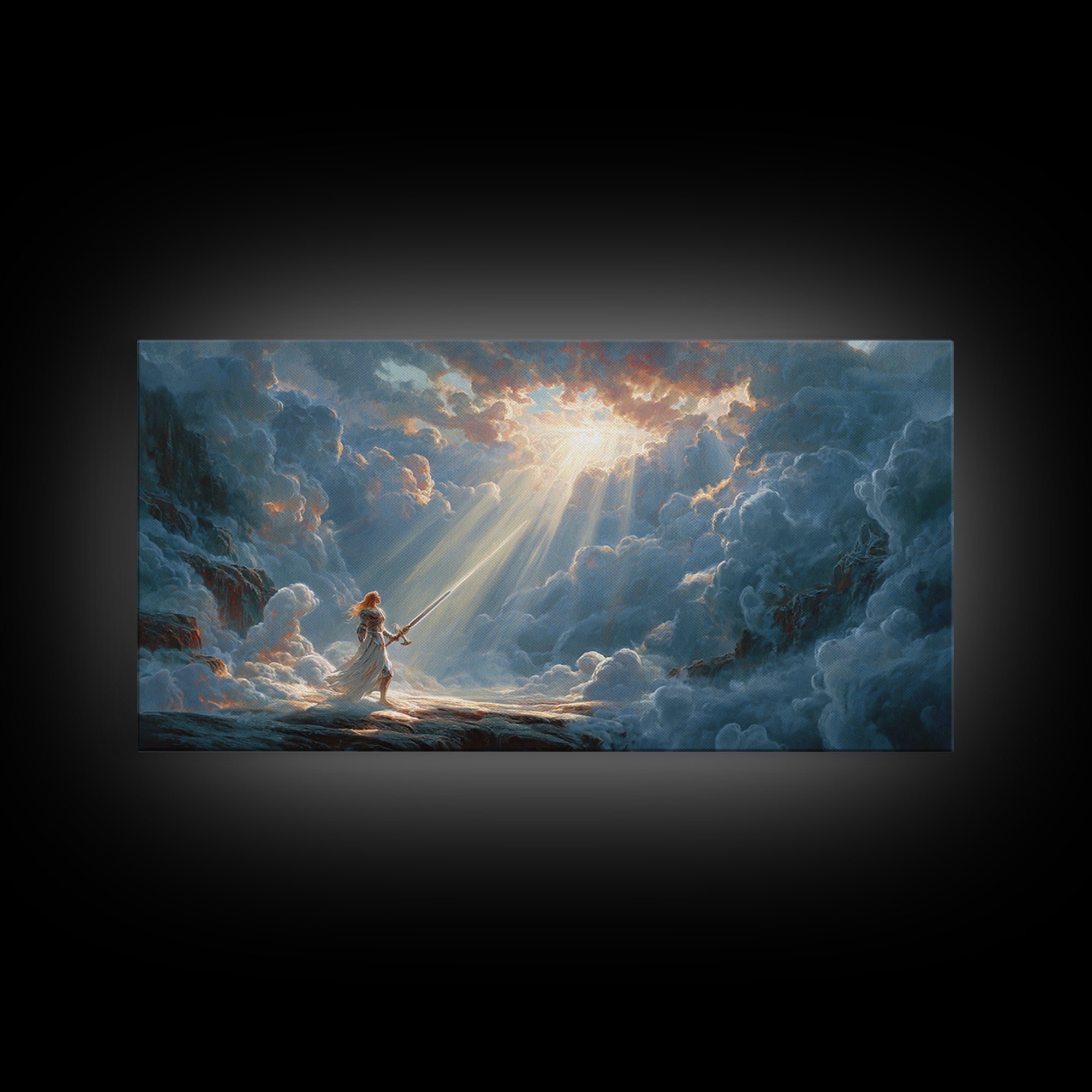 Angel Warrior In Heavenly Clouds Framed Canvas Print, Fantasy Woman Art, Divine Light Wall Decor, Spiritual Gift For Her